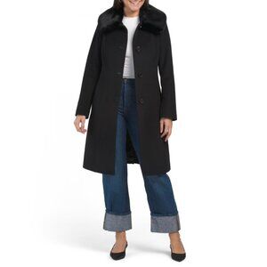 ANNE KLEIN Black Wool Blend Single Breasted Quarter Faux Fur Collar Coat